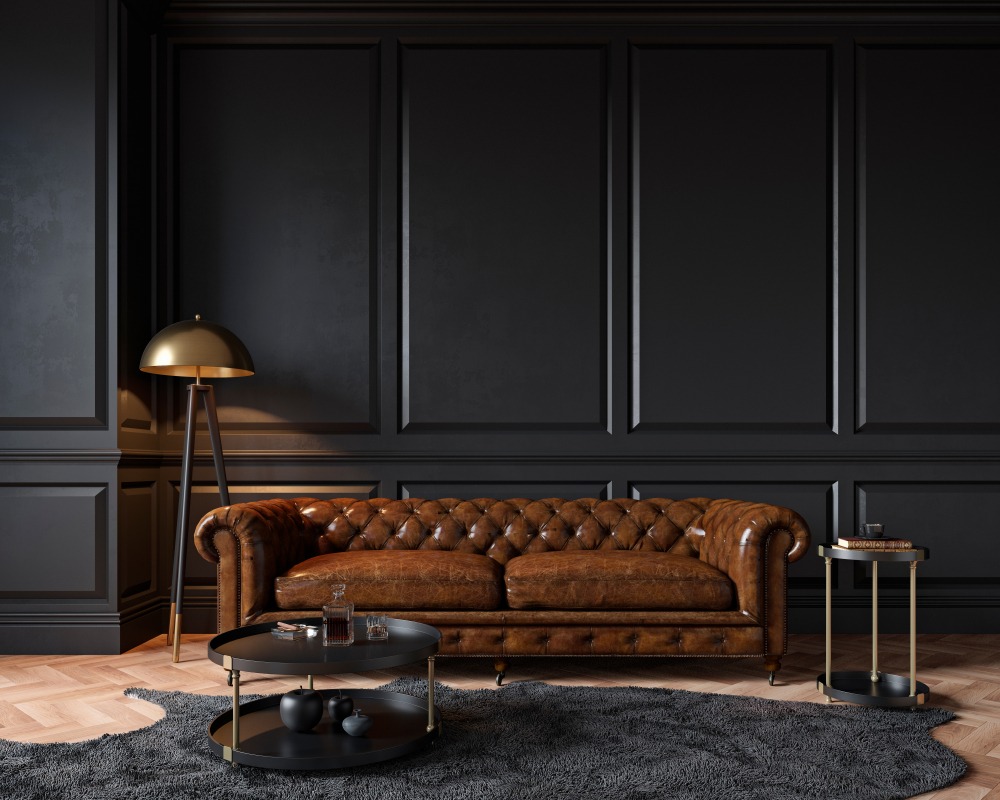 Modern,Classic,Black,Interior,With,Capitone,Brown,Leather,Chester,Sofa,